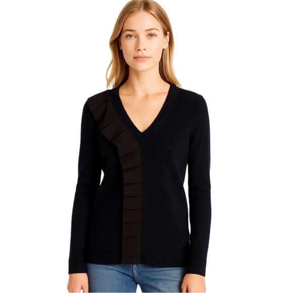 J. CREW Asymmetrical Wool/Cashmere Blend Asymmetrical Ruffle V-Neck Sweater - Picture 1 of 7